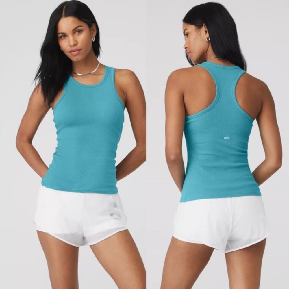 Alo Yoga Ribbed Aspire Full Length Women Tank Top - Splash Blue - SOLD OUT COLOR
